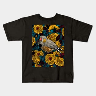 Zebra finch and yellow rose bush Kids T-Shirt